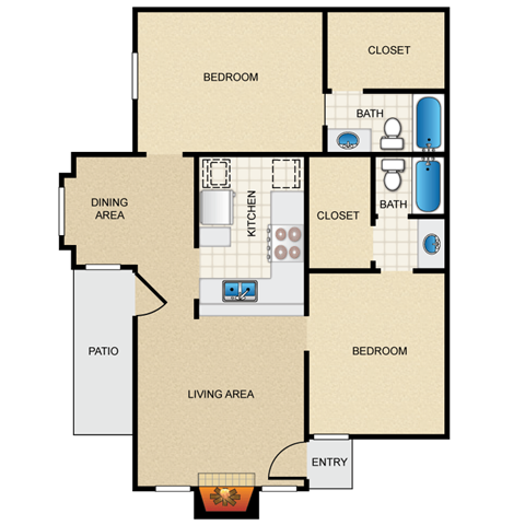 Floor plan for 2 beds, 2 baths, 965 sqft